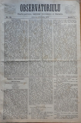 Ziarul Observatorul ; Politic , national si literar , an 1 ,nr. 53 , Sibiu ,1878 foto