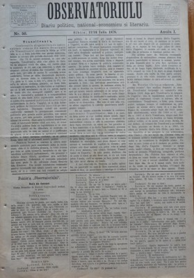 Ziarul Observatorul ; Politic , national si literar , an 1 ,nr. 56 , Sibiu ,1878 foto