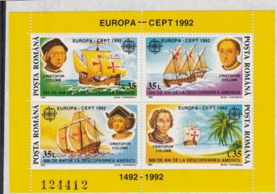 1992 LP 1282 EUROPA-CEPT &amp;#039;92 -500 ANI DESCOPERIREA AMERICII BLOC DANTELAT MNH foto