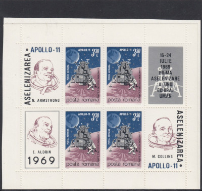 ROMANIA 1969 LP 704 a COSMOS IV APOLLO 11 BLOC DE 4 MARCI+4 VINIETE DIFERITE MNH foto