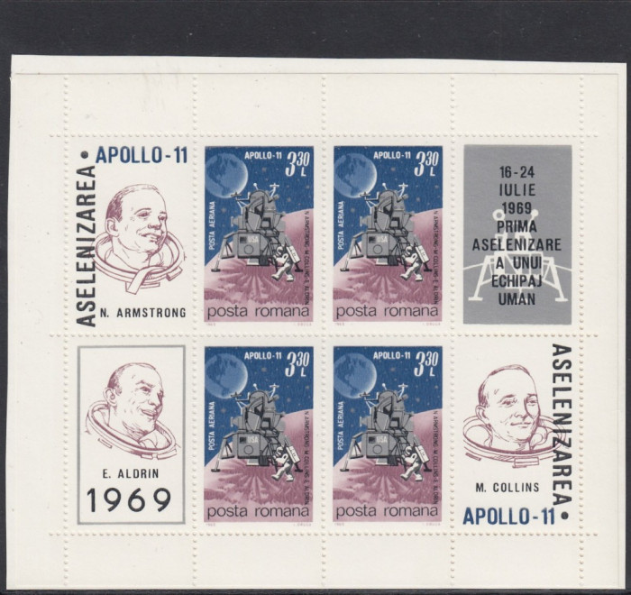 ROMANIA 1969 LP 704 a COSMOS IV APOLLO 11 BLOC DE 4 MARCI+4 VINIETE DIFERITE MNH