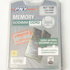 Kit 1 Gb memorie laptop SODIMM DDR 2 PC2 5300 2x512 Mb DDR 2 667 MHz PNY sigilat