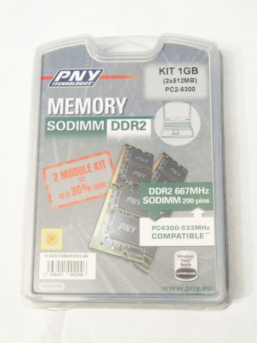 Kit 1 Gb memorie laptop SODIMM DDR 2 PC2 5300 2x512 Mb DDR 2 667 MHz PNY sigilat