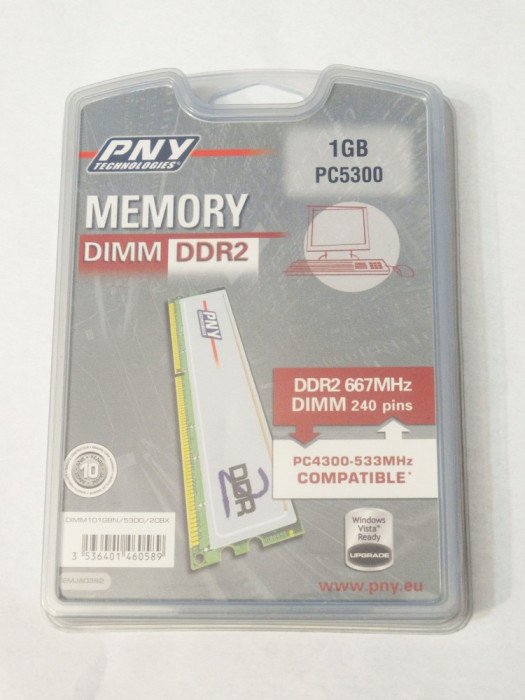 Modul memorie PC DIMM DDR 2 PC2 5300 1 Gb DDR 2 667 MHz PNY sigilat