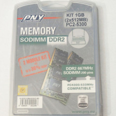 Kit 1 Gb memorie laptop SODIMM DDR 2 PC2 5300 2x512 Mb DDR 2 667 MHz PNY sigilat