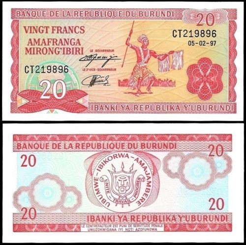 !!! BURUNDI - 20 FRANCI 1997 - P 27 d - UNC / SEMN. DIN IMAGINE