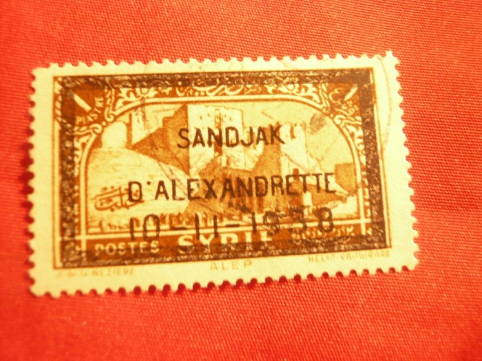 Alexandrette -Colonie Franceza -Timbru 1 Piastru brun-galbui 1938 ,rama doliu