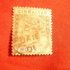 Timbru 2 pence lila-brun 1886 Regina Victoria Gibraltar ,fil.CA ,stampilat