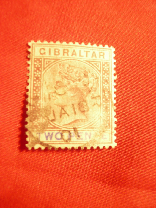 Timbru 2 pence lila-brun 1886 Regina Victoria Gibraltar ,fil.CA ,stampilat