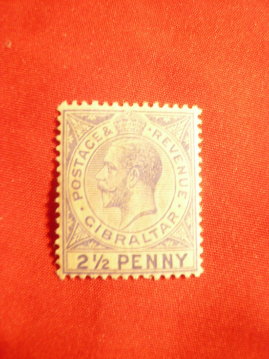 Timbru 2 1/2 penny ultramarin George V 1912 Gibraltar Colonie Britanica , sarnie