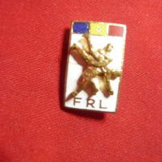 Insigna Federatia Romana Lupte ,h=2cm ,metal si email