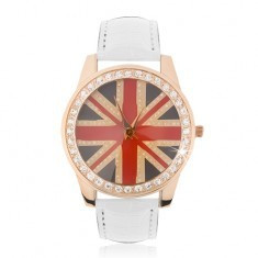 Ceas de mana din otel - roz-auriu, steagul Marii Britanii, curea alba foto