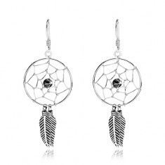 Cercei din argint 925, prinzător de vise cu mărgea neagră și pene, 20 mm Cercei din argint 925, prinzător de vise cu mărgea neagră și pene, 20 mm