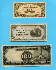 Japonia 10, 50 centavos +100 pesos 1943 - 1944 VF foto