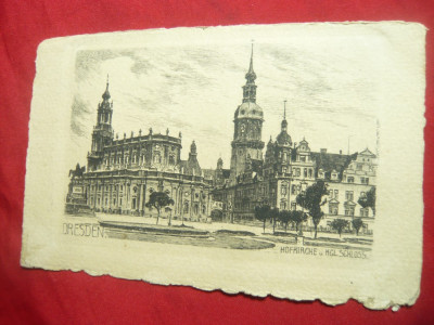 Ilustrata - Gravura semnata - Dresda - Biserica si Palatul Regal ,inc.sec.XX foto