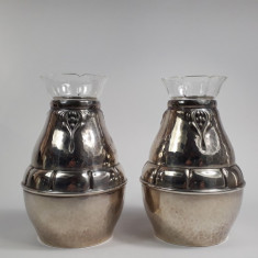 L Pereche vaze vechi argintate, alama placata cu argint si vas sticla Art Deco