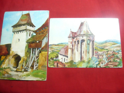 2 Ilustrate Monumente -Biserica Buzd si Turn de Poarta Viscri dupa acuarele foto