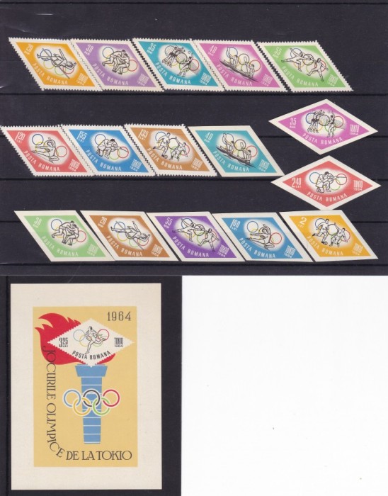 ROMANIA 1964 LP 589 LP 589 a LP 590 JOCURILE OLIMPICE TOKYO SERII+COLITA MNH ROMANIA 1964 LP 589 LP 589 a LP 590 JOCURILE OLIMPICE TOKYO SERII+COLITA MNH
