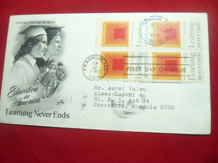 Plic FDC Educatia in America 1980 cu bloc de 4 SUA