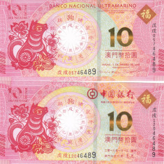 Bancnota Macao 10 Patacas 2018 - PNew UNC (Anul cainelui - 2 bancnote BNU + BoC)