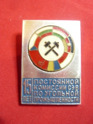 Insigna Comisiei Permanente pt. Ind. Carbunelui URSS ,L=3cm , metal si email foto