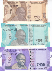 Bancnota India 10, 50 si 100 Rupii 2017-18 - PNew UNC ( seria noua ) foto