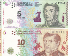 Bancnota Argentina 5 si 10 Pesos (2015) - P359/ 360 UNC ( set x2 ) foto