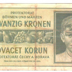 SV * Protektorat Cehia & Moravia 20 KRONEN 1944 sub ocup. Germania WWII -VF