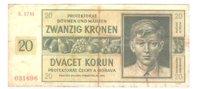 SV * Protektorat Cehia &amp;amp; Moravia 20 KRONEN 1944 * sub ocup. Germania WWII -VF foto