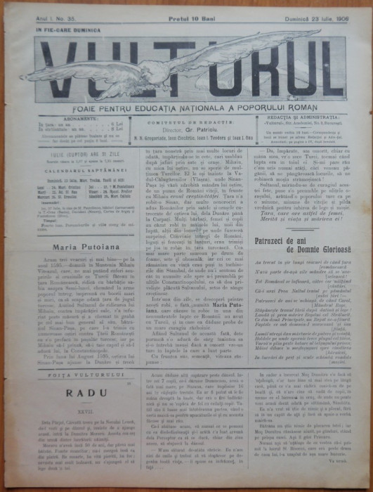 Ziarul Vulturul , nr. 35 din 1905 , cromolitografie mare ; Maria Putoiana