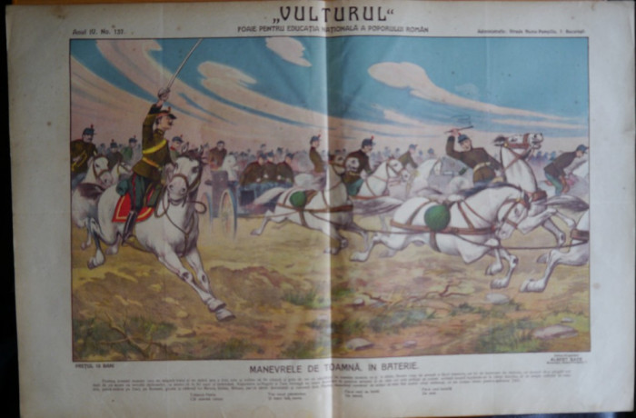 Ziarul Vulturul , nr. 137 din 1909 , cromolitografie patriotica mare ; Manevre