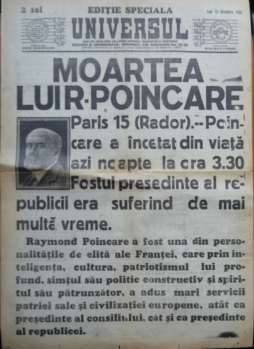 Universul, 15 Oct. 1934, Moartea lui Poincare, fostul presedinte francez