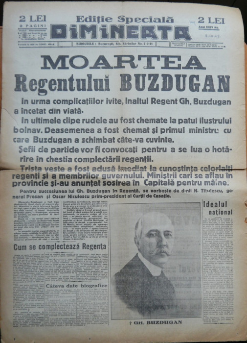 Ziarul Dimineata , editie speciala , 8 Oct. 1929 , Moartea Regentului Buzdugan