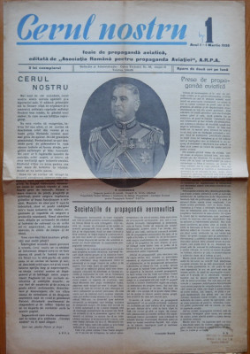 Ziarul Cerul nostru; Foaie de propaganda aviatica, ARPA, an 1, nr. 1, 1936, aviatia romana foto