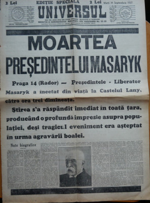 Ziarul Universul, editie speciala, 14 Sept. 1937; Moartea Presedintelui Masaryk foto