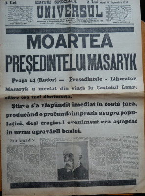 Ziarul Universul , editie speciala ,14 Sept. 1937; Moartea Presedintelui Masaryk foto