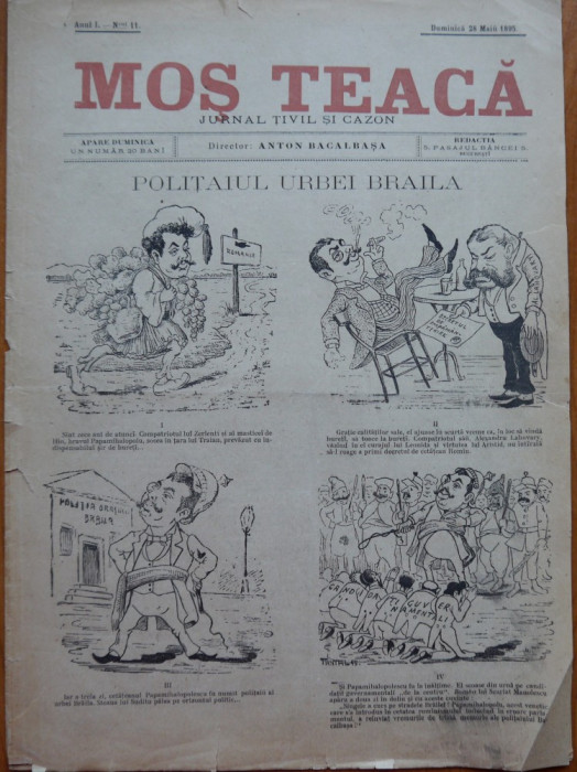 Ziarul Mos Teaca ,jurnal tivil si cazon ,nr. 11 ,an 1 ,1895 , Bacalbasa , Braila