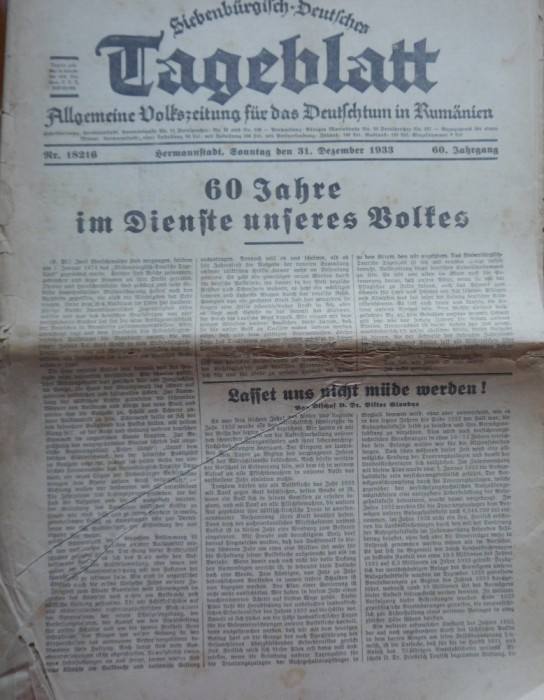 Ziarul de limba germana Transilvania , Sibiu , 1933 , numar comemorativ , 60 ani
