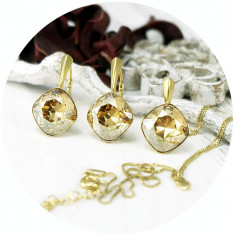 Set bijuterii argint suflat cu aur 24k, Set Swarovski Square Gold + CADOU Laveta profesionala pentru curatat bijuteriile din argint + Cutie Cadou foto