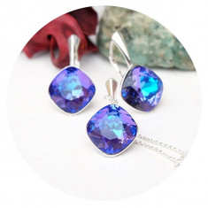 Set bijuterii argint, Set Swarovski Square Heliotrope + CADOU Laveta profesionala pentru curatat bijuteriile din argint + Cutie Cadou foto