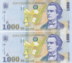 Bancnota Romania 1.000 Lei 1998 - P106 UNC (2 buc. consec. - filigran BNR mic) foto