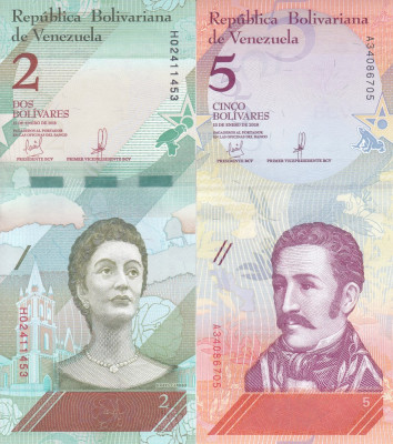 Bancnota Venezuela 2 si 5 Bolivares Soberano 2018 - PNew UNC ( set x2 ) foto