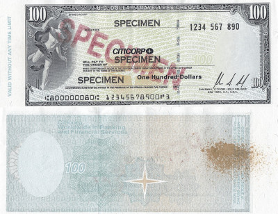 1996, CEC de călătorie de 100 dollars, SPECIMEN (Banca CITICORP) foto