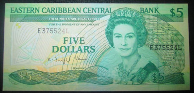 St.Lucia : 5 dollari ND ( 1988 - 1993 ) . UNC ( bancnota necirculata ) foto