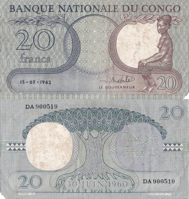 1962 (15 VII), 20 francs (P-4a.5) - Congo foto