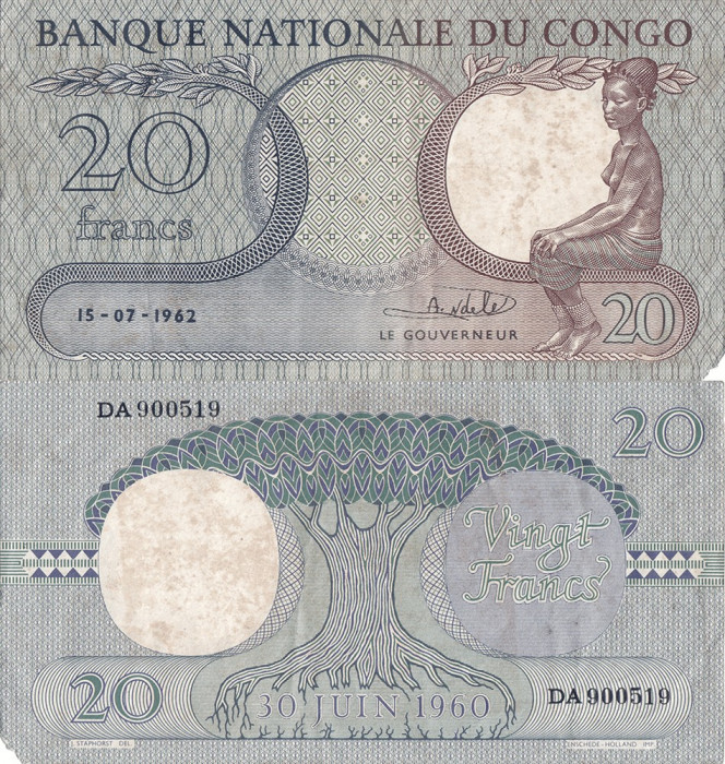 1962 (15 VII), 20 francs (P-4a.5) - Congo