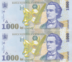 Bancnota Romania 1.000 Lei 1998 - P106 UNC (2 buc. consec. - filigran BNR mare ) foto