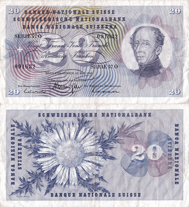 1968 (15 V), 20 franken/francs/franchi (P-46p.1) - Elveția