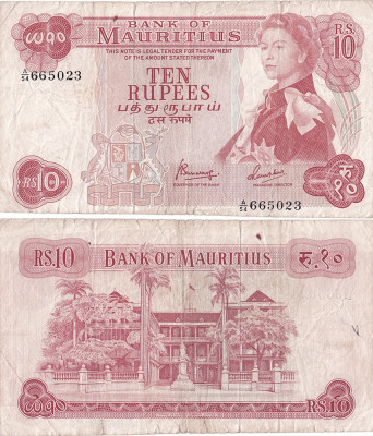 1967, 10 rupees (P-31c) - Mauritius foto