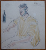 Constantin Baciu , Barbat la carciuma , semnat si datat 1952 , creioane colorate, Scene gen, Carbune, Impresionism